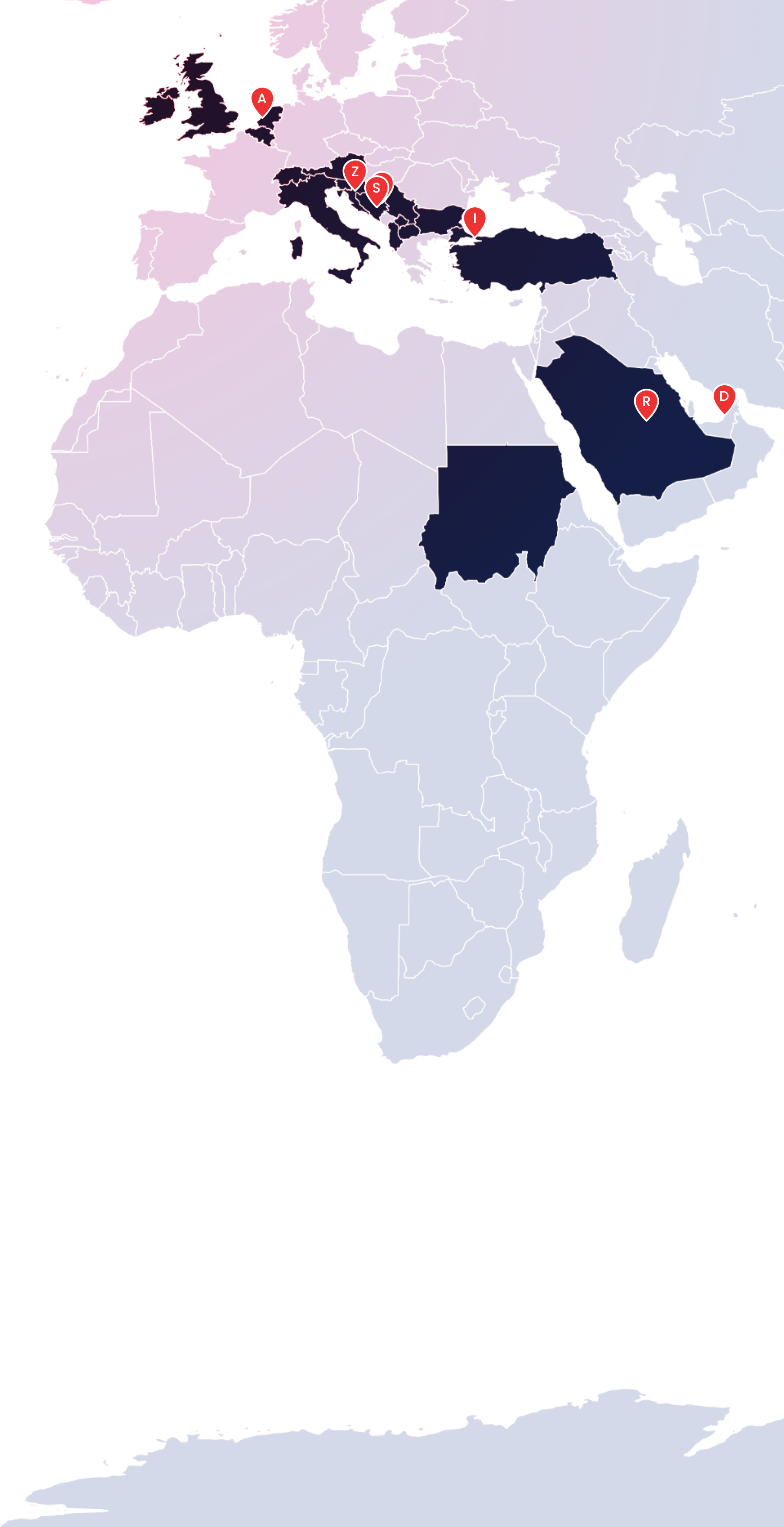 World map highlighting ZIRA offices and telco client countries